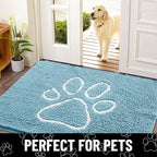 Smiry Dog Door Mat for Muddy Paws, Absorbent Dirt Trapper Non Slip Quick Dry Washable Chenille Mat for Mud Dogs, Entry Rug for Indoor and Outdoor (24x16 Inches, Sky Blue and White)