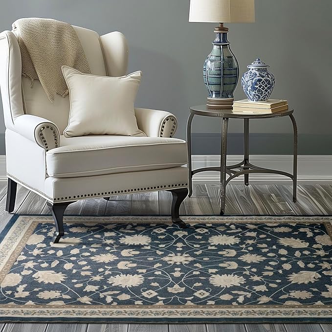 EVERGRACE Area Rugs for Living Room 4x6, Boho Floral Faux Wool Indoor Outdoor Rugs, Washable Rugs for Bedroom Entryway Dining Room Hallyway, Low Pile Floor Mat Carpet for Home Decor, Navy Blue