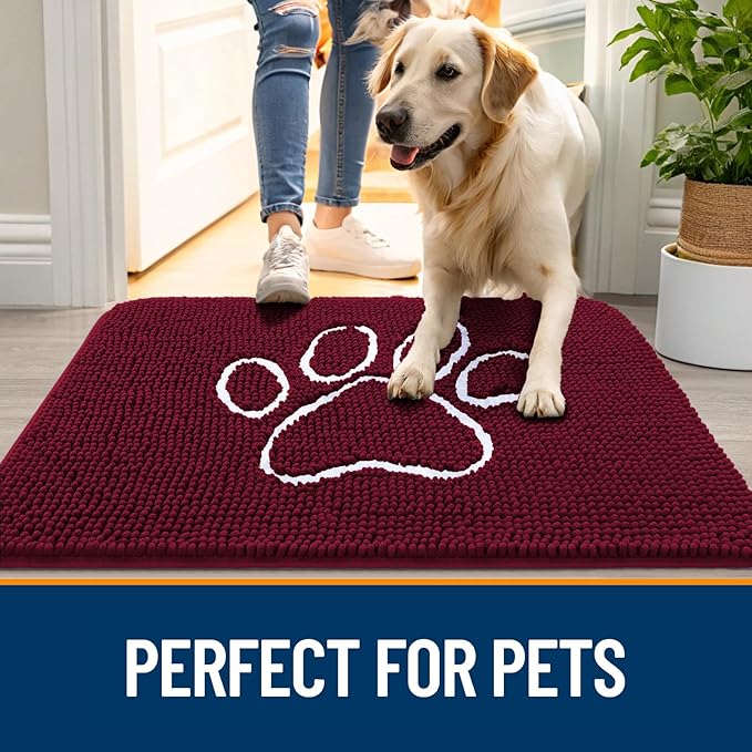 OLANLY Dog Door Mat for Muddy Paws 70x24, Paw Print Design, Absorbs Moisture and Dirt, Absorbent Non-Slip Washable Doormat, Quick Dry Chenille Mud Mat for Dogs, Entry Indoor Entryway Carpet, Burgundy