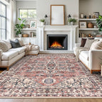 KOZYFLY Area Rug 9x12 Ft Thin Rugs for Living Room Washable Bedroom Rug Non Slip Rugs for Living Room Printed Faux Wool Vintage Bedroom Rug Floor Carpet for Dining Room, Terracotta/Beige