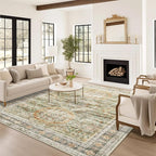 5x7 Area Rugs Green Orange Low Pile Indoor Washable Trendy Faded Style Rugs for Bedroom Living Room Dining Room Foldable Non-Slip Thin Print Mat