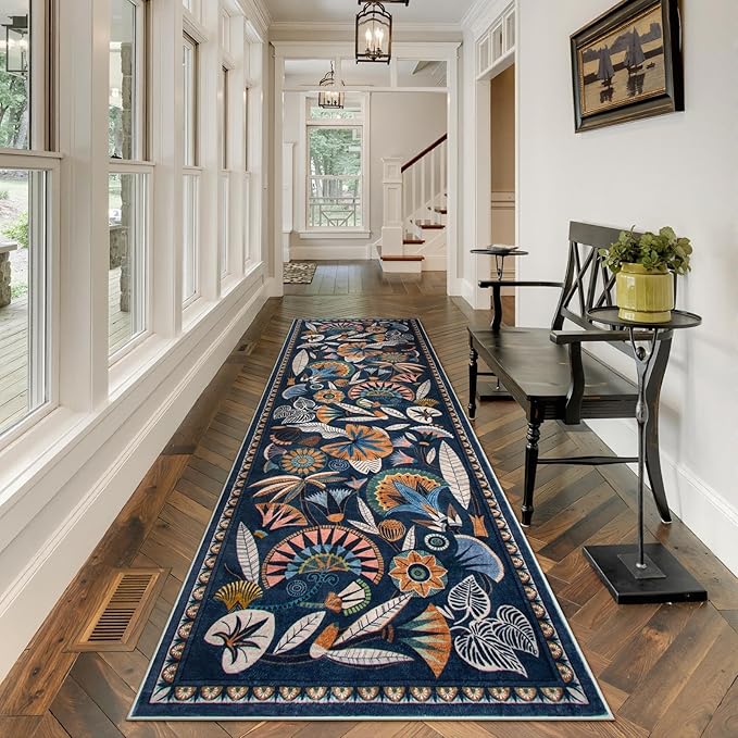 Egypt Floral Kitchen Runner Rugs Non Skid Washable,2x8 Boho Vintage Hallway Bathroom Runner Rug Non Slip,Soft Long Carpet for Laundry Room Entryway Bedroom (Dark Blue,2 x 8)