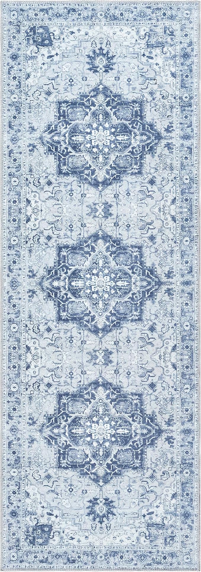 Bloom Rugs Washable Non-Slip 7 ft Runner - Gray/Blue Traditional Medallion Runner for Entryway, Hallway, Bathroom, and Kitchen - Exact Size: 2.5' x 7'
