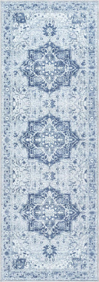 Bloom Rugs Washable Non-Slip 10 ft Runner - Gray/Blue Traditional Medallion Runner for Entryway, Hallway, Bathroom, and Kitchen - Exact Size: 2.5' x 10'