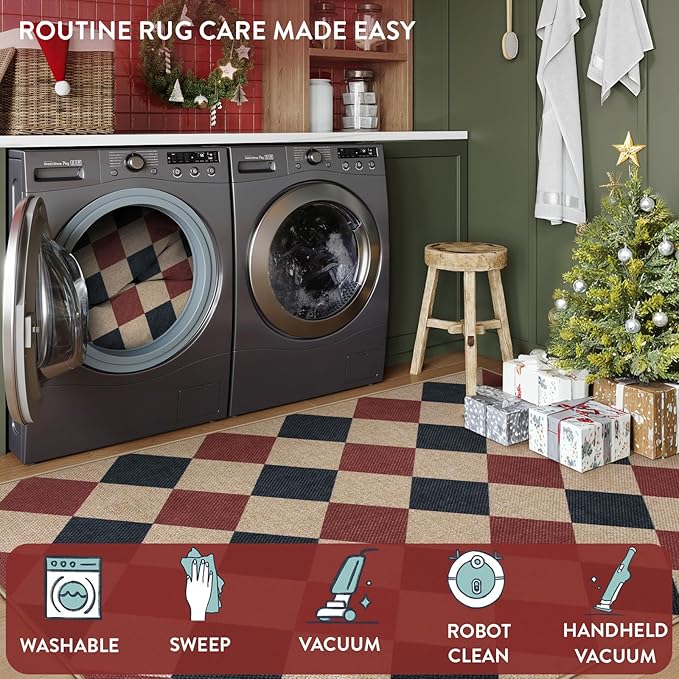 Lahome Checkered 5x7 Rug, Indoor Outdoor Rug Non Shedding Black and Red Washable Carpet, Checkerboard Non Slip Stain Resistant Indoor Carpet for Patio Office Living Dining Room