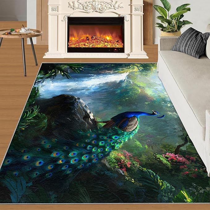 Peacock Rugs for Bedroom - 3x5 Rug, Peacock Decor Area Rugs for Living Room, Natural Landscapes Carpet, Waterfall Washable Area Mat, Aesthetics Carpet - Peafowl Home Decor & Gifts