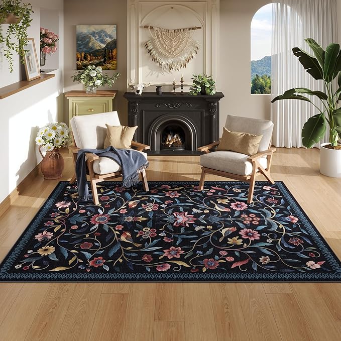 Vintage Medallion Floral 3x5 Washable Rug, Soft Low Pile Area Rug, Non-Slip Carpet for Bedside, Bedroom, Bathroom, Entryway, Kitchen, Office, Kids/Girls Room | Blue