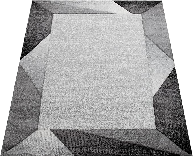 Paco Home Modern Area Rug Bordered with Geometric Pattern Grey Anthracite with Contour Cut, Size: 5'3" x 7'7"