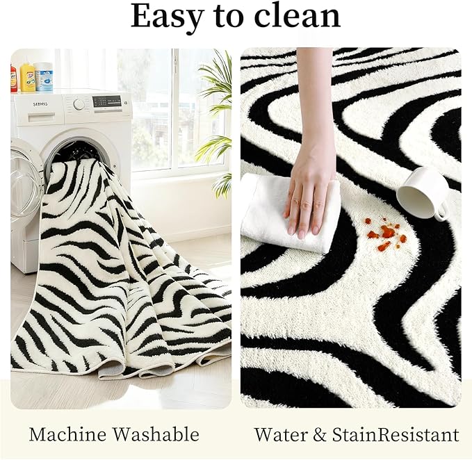 YIHOUSE 8×10 Ft Area Rugs for Living Room: Modern Washable Rug - Abstract Black and Cream White Rug for Bedroom Dining Room Office Playroom Nursery Home Decor - Nonslip Non-Shedding Striped Rugs