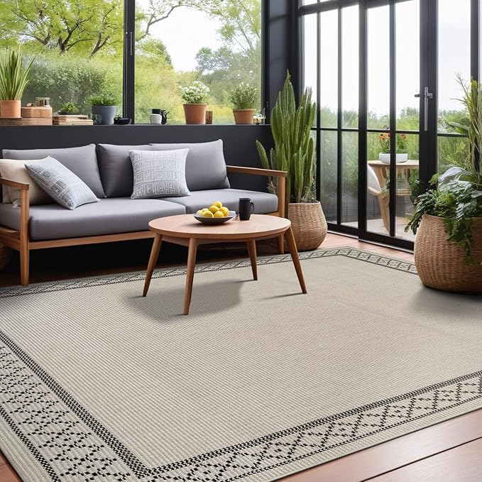 Easy Jute Rugs 6x9 Frame Bone Color Living Room Indoor Outdoor Area Rug for Patio and Kitchen Rug High Traffic Washable Easy to Clean Solid Boho Woven Design Carpet (6 x 9)
