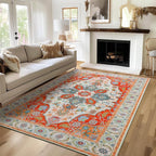 WILLSUN Washable Area Rugs, 4x6 Non-Slip Boho Large Area Rugs for Living Room, Bedroom, Machine Washable Vintage Rug, Indoor Floral Print Carpet for Home Decor, Kid & Pet Friendly Mat