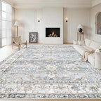 Area Rug 10x12 Living Room Rugs, Machine Washable Vintage Distressed Boho Area Rug Non-Slip Soft Low Pile Large Indoor Rugs for Bedroom Kitchen Dining Room Office(Light Blue,10'x12')