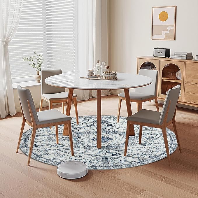 Easy-Going Round Rug 6ft Area Rug Washable Boho Circle Rugs for Living Room Non-Slip Bedroom Rug Low Pile Lightweight Floral Print Vintage Throw Rug for Dining Room Kitchen Home Office, Blue Cream