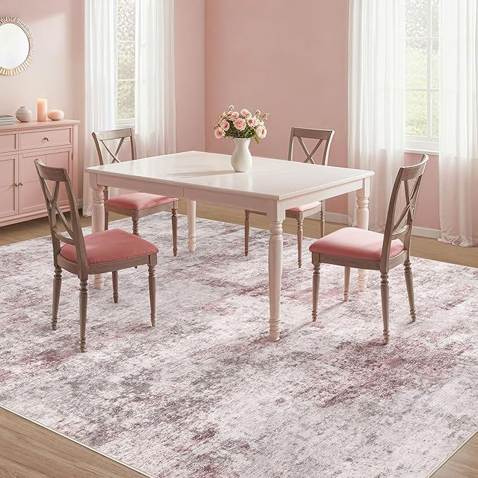 7x9 Area Rug Living Room Rugs - Washable Neutral Modern Abstract Soft Thin Large Rug Indoor Floor No Slip Rug Carpet for Bedroom Under Dining Table Home Office Decor - Pink
