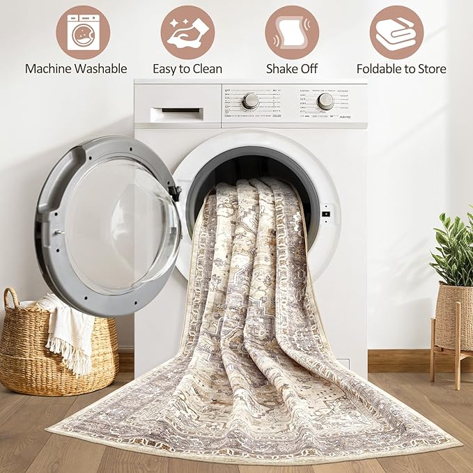 5X8 Area Rug Living Room: Washable Boho Large Neutral Vintage Soft Rugs Stain Resistant Farmhouse Non Slip Indoor Floor Carpet for Bedroom Nursery Kids Playroom Office Dining Room Home Decor- Brown