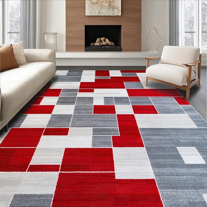 Flatwoven High Traffic Area Rug 5x7, Waterproof Patio with Anthracite Accents, Non Slip, Stain Resistant, Washable Area Rugs for Living Room, Bedroom (Red, 5x7)
