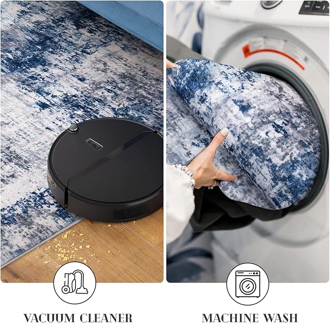 Modern Abstract Hallway Runner Rug, Grey Navy Blue Multi 2x8 Runner Rug, Washable Kitchen Runner Non-Slip Soft Thin Print Faux Wool Carpet for Entryway Bedroom Laundry Room Indoor