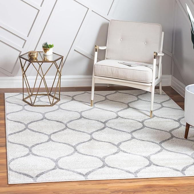 Rugs.com Lattice Frieze Collection Rug – 7' Square Ivory Medium Rug Perfect for Living Rooms, Kitchens, Entryways