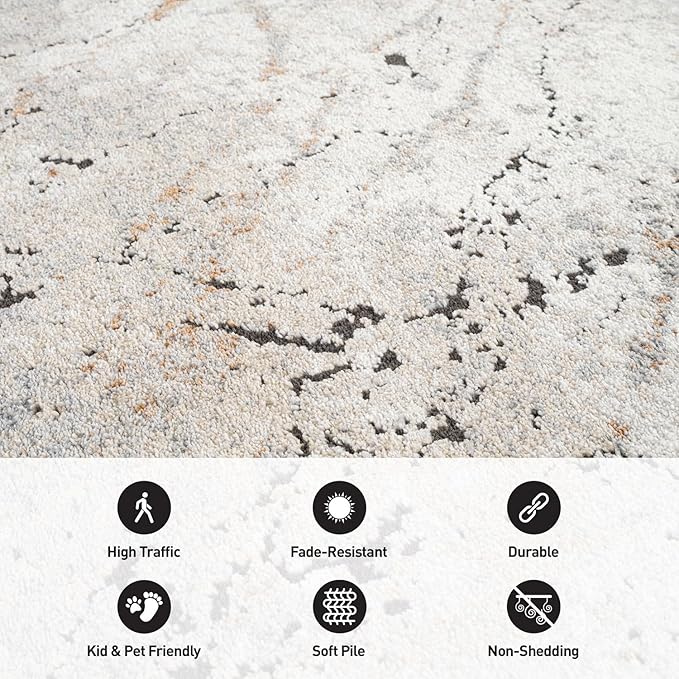 Rugshop Drifted Marble Abstract Area Rug Durable, Kid & Pet Friendly Gray, Ivory, Neutral Tones 6' 6" x 9' Great for Under Dining Sets, Large Bedrooms, or Home Offices