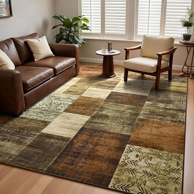 DweIke Washable Area Rugs for Living Room, 6x9 Large Bedroom Rugs, Geometric Print Non Slip Low Pile Indoor Throw Carpets for Bedroom Apartment Dining Room Home Office Hardwood Floor, Brown
