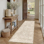 2x8 Beige Washable Runner Rug for Kitchen Hallway Neutral Soft Non Slip Rug Low Pile Vintage Distressed Carpet for Bathroom Bedroom Indoor Nursery