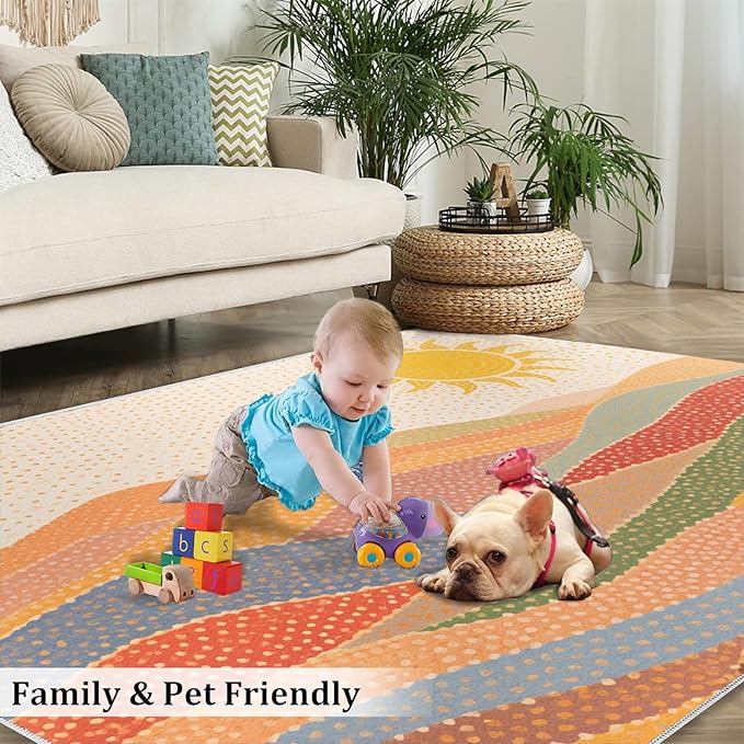 Boho Sun Area Rugs 3x4ft, Mosaic Sunburst Kids Bedroom Rug, Dotted Gradient Hills Bedside Rug Durable Non Slip for Cafe Living Room Under Table Boys Room Decor