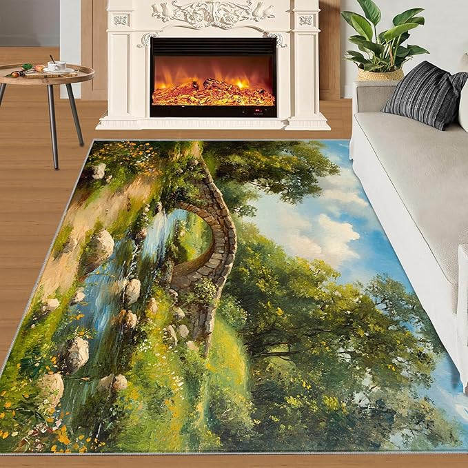 Forest Rugs for Bedroom - 5x7 Area Rug - Stone Bridge Stream Rugs for Living Room, Retro Country Style Rug, Non-Slip Washable Home Decor Carpet