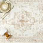 Area Rug 5x7 Cream Washable Living Room Beige Carpet Non Slip Vintage Medallion Low Pile Soft Indoor Bedroom Retro Distressed Indoor Rug for Kitchen Home Office Laundry Dining Room