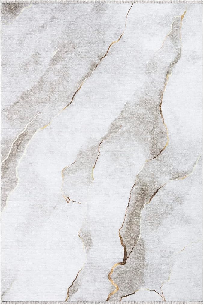 Bloom Rugs Caria Washable Non-Slip 9x12 Rug - Ivory/Gold Modern Abstract Area Rug for Living Room, Bedroom, Dining Room, and Kitchen - Exact Size: 9' x 12'