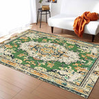 Bohemian Pattern Rectangular Area Rugs for Living Room Bedroom 5 x 8 ft Green & Orange Abstract Non-Shedding Soft Low Pile Rug Non Slip Washable Rug for Nursery Entryway Playroom