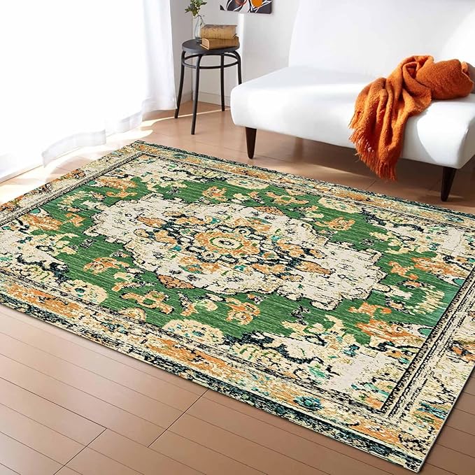 Bohemian Pattern Rectangular Area Rugs for Living Room Bedroom 5 x 6.9 ft Green & Orange Abstract Non-Shedding Soft Low Pile Rug Non Slip Washable Rug for Nursery Entryway Playroom