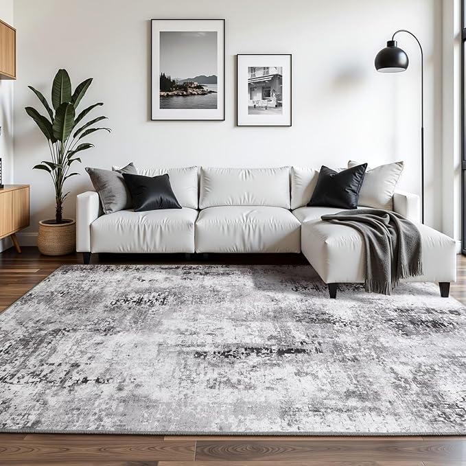 Washable Abstract Rug, 4x6 Modern Area Rugs with Non-Slip Rubber Backed for Living Room, Thin but Soft Contemporary Carpet Kitchen Bedroom Decor, Dark Grey