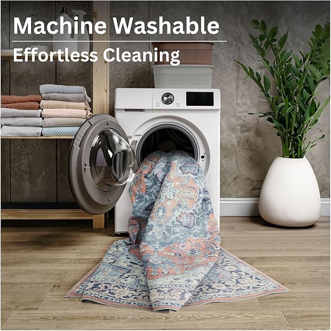 Bloom Rugs Washable Non-Slip 5' x 7' Rug - Coral/Blue Traditional Medallion Area Rug for Living Room, Bedroom, Dining Room, and Kitchen - Exact Size: 5' x 7'