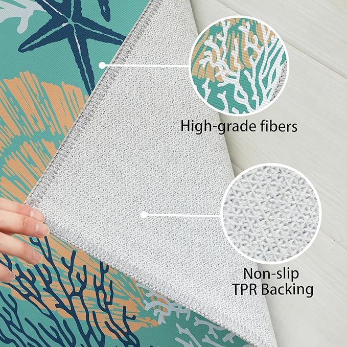 Tritard Coastal Runner Rug Nautical Hallway Rugs Beach Themed Non-Slip Machine Washable Rugs Modern Floor Carpet for Living Room Bedroom, 2x6, Teal and Turquoise