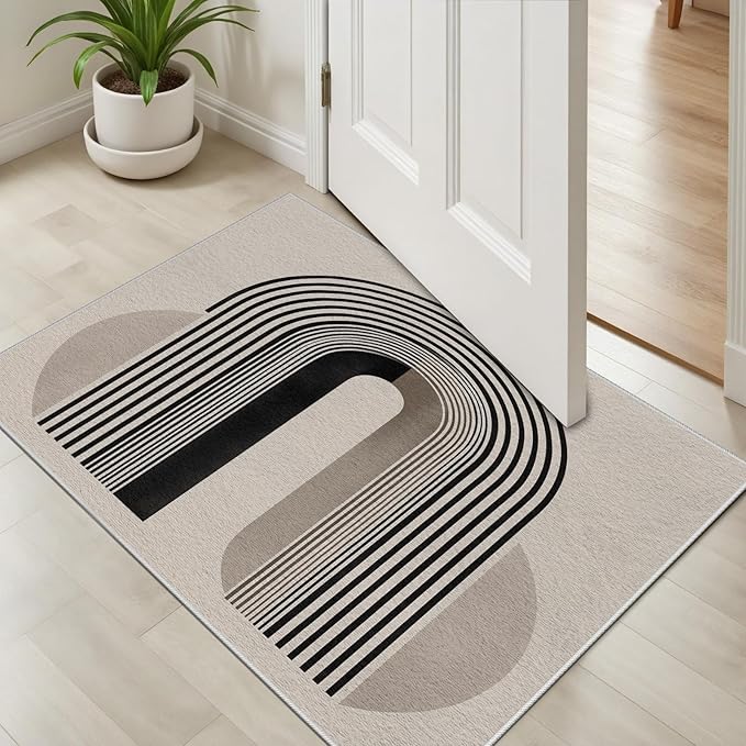 Modern Washable Rug for Living Room 4x5, Boho Abstract Striped Area Rugs, Soft Non Slip Low Pile Farmhouse Carpet for Bedroom Dining Room Kitchen, Stain Resistant, Pet Friendly, Beige Black