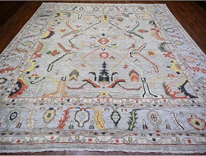 Goose Gray Afghan Angora Oushak with All Over Colorful Pattern Vegetable Dyes Organic Wool Hand Knotted Square Oriental Rug (11'9"x11'9")