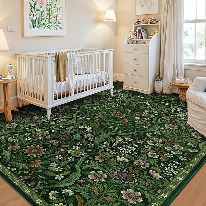 Floral Washable 6x9 Area Rug，Dark Green Boho Rugs for Living Room, Soft Low-Pile Non-Slip Stain Resistant & Non-Shedding Carpet for Bedroom, Dining Room, Office, Entryway, Nursery