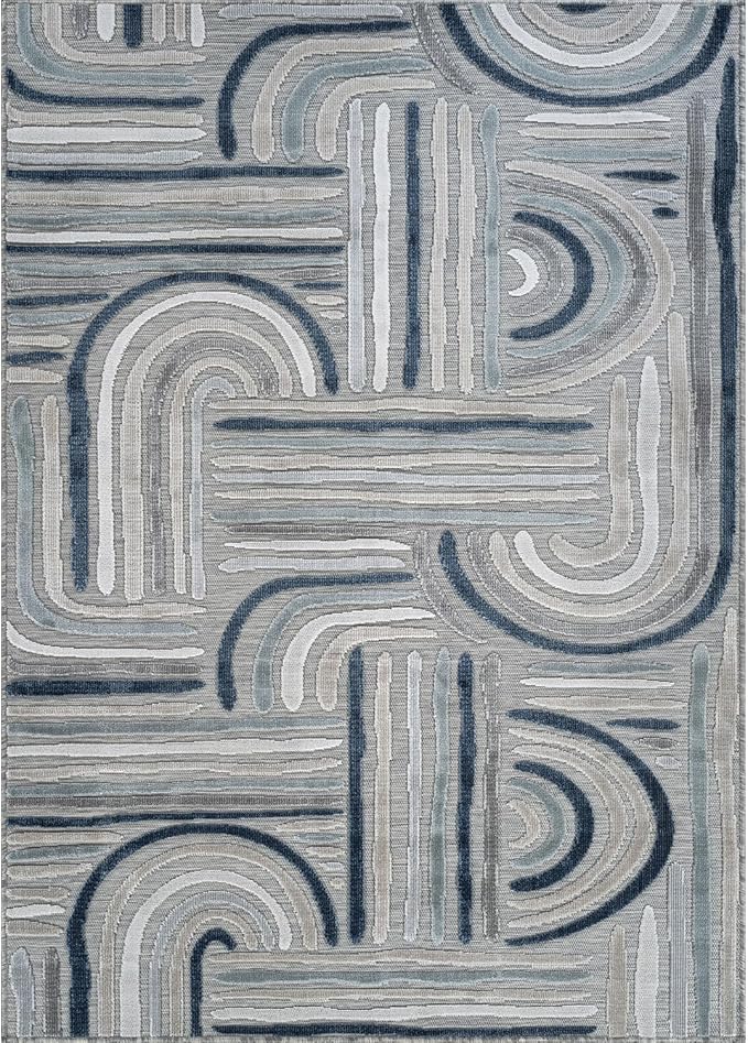 CAMILSON Indoor Outdoor Rug, Blue 5x7 Geometric Arch Striped Area Rugs for Patio and Home Areas, Easy-Cleaning Non-Shedding Living Room, Garden and Deck Washable Outside Carpet (5 x 7)