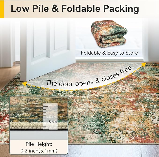 Washable Area Rugs 6'x9' Non-Slip Modern Abstract Soft for Living Room Entryway Bedroom Nursery, Print Pattern, Green Orange Rust Red Cream Colorful
