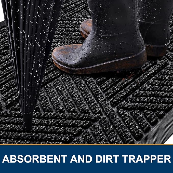 Kitinjoy Front Door Mat Outside Entrance, Sturdy Natural Dirt Trapper, Heavy Duty Rubber Doormat, Low Profile Non-Slip Backing, Easy Clean Floor Mat for Indoor Outdoor Entry, 47X23 Inch, Black