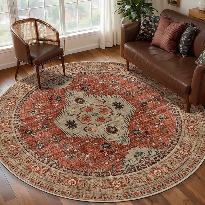 Tangsoo Round Area Rug 6ft,Washable Circle Rug, Vintage Non Slip Boho Round Rug,Low Pile Circular Rugs,Large Round Rugs Carpet for Livingroom,Bedroom,Nursery,Dorm,Office,Terracotta