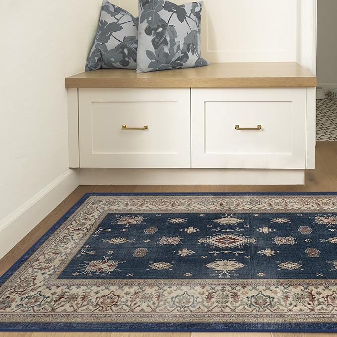 RUGGABLE Washable Vintage Area Rug – Verena Sapphire 3x5, Stain-Resistant, Non-Slip – Small Machine Washable Rugs for Living Room, Bedroom, Hallway, Entryway & Office–with Standard Pad
