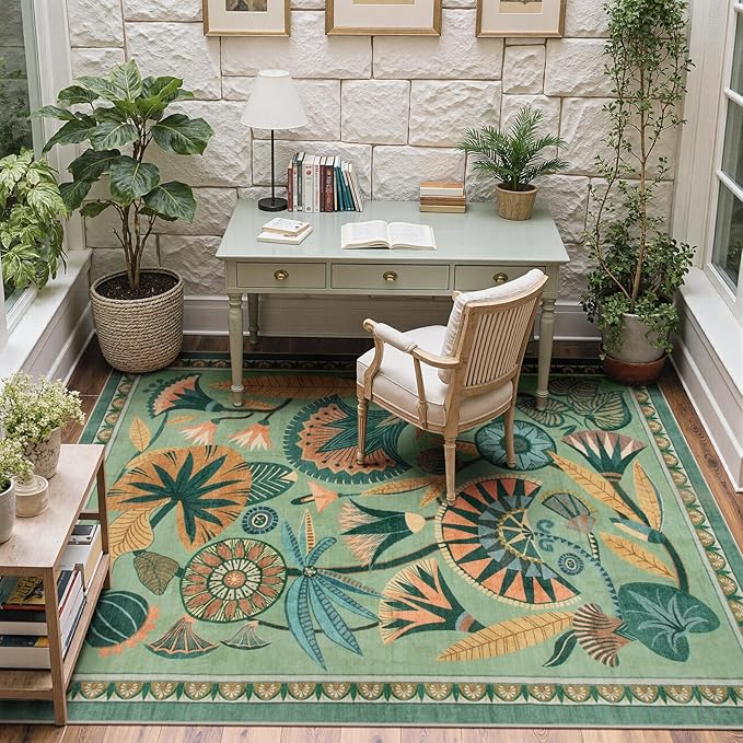 5x7 Floral Rug, Green Rug for Living Room, Washable Low Pile Bedroom Rugs, Non Slip Throw Rugs with Rubber Backing, Soft Carpet for Dining Room Home Office Playroom