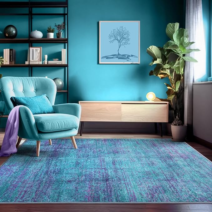 Abstract 4x6 Area Rug, Modern Indoor Entryway Rugs, Washable Soft Non-Slip Accent Carpet Door Mat for Dining Room Kitchen Bedroom - Teal+Purple