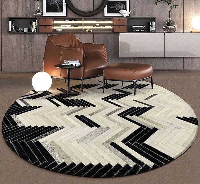 Round Cowhide Faux Leather Area Rug 9×9 ft – Black & White Modern Chevron Pattern Low Pile Carpet with Non-Slip Wool Backing, Soft Durable Living Room & Bedroom Accent Rug