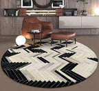 Round Cowhide Faux Leather Area Rug 3×3 ft – Black & White Modern Chevron Pattern Low Pile Carpet with Non-Slip Wool Backing, Soft Durable Living Room & Bedroom Accent Rug