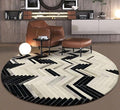Round Cowhide Faux Leather Area Rug 7×7 ft – Black & White Modern Chevron Pattern Low Pile Carpet with Non-Slip Wool Backing, Soft Durable Living Room & Bedroom Accent Rug