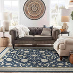 EVERGRACE Area Rugs for Living Room 8x10, Boho Floral Faux Wool Indoor Outdoor Rugs, Washable Rugs for Bedroom Dining Room Entryway Kitchen, Low Pile Floor Mat Carpet for Home Decor, Navy Blue