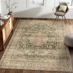 4x6 Washable Vintage Area Rug Green Brown Entryway Office Carpet Non-Slip Soft Low Pile Distressed Indoor Throw Rug for Living Room Bathroom Dining Room