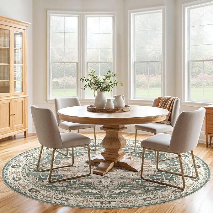 Round Rug Living Room Rugs: 8x8 Washable Boho Neutral Large Circle Soft Indoor Distressed Stain Resistant Floor Farmhouse Carpet for Bedroom Nursery Kids Playroom Office Dining Room Dorm- Green